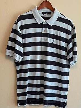 Vintage Nautica 90s style short-sleeve polo with navy & baby blue stripes Rugby